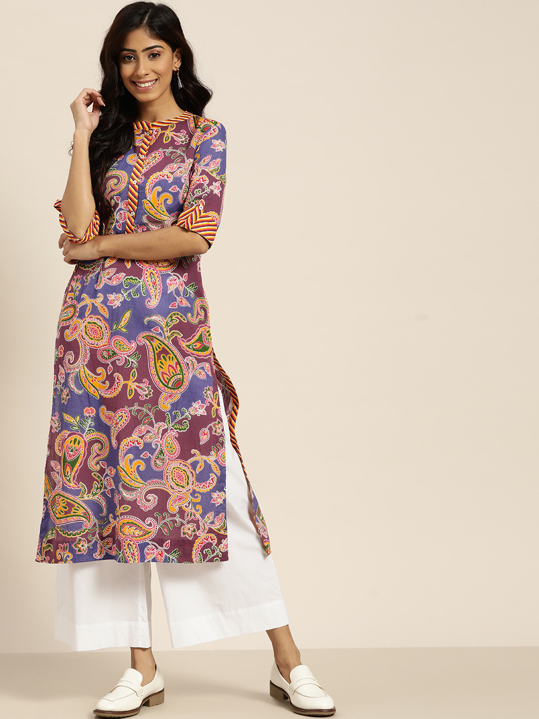 

Sangria Women Purple & Yellow Pure Cotton Ethnic Motifs Printed Straight Kurta