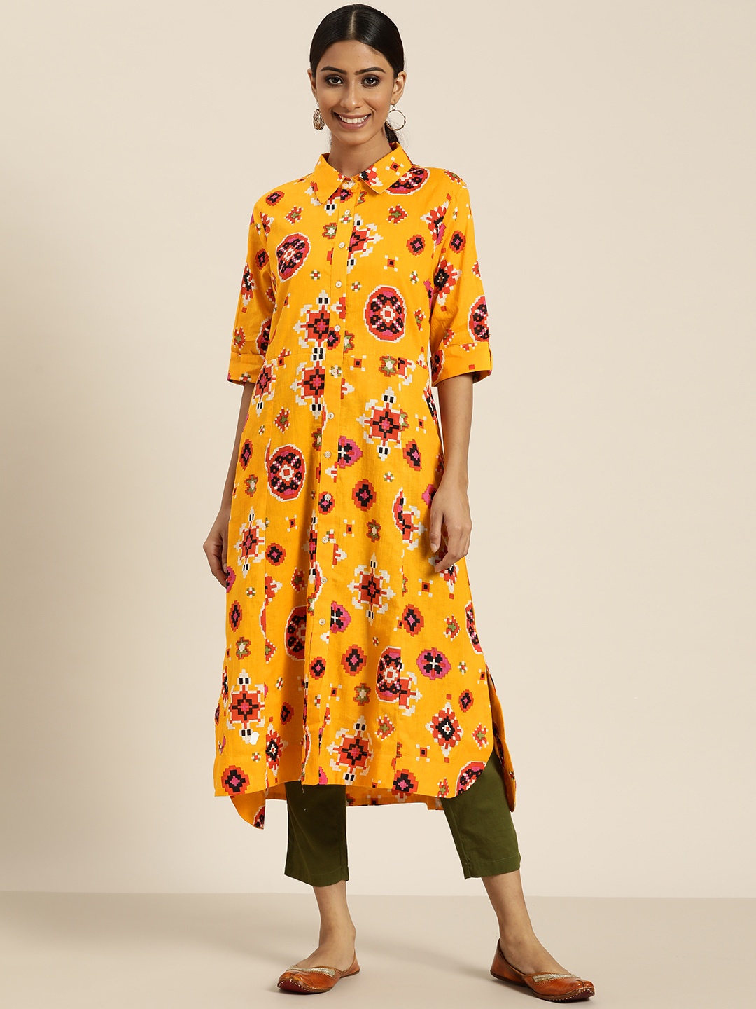 

Sangria Women Yellow & Red Pure Cotton Geometric Printed Kurta
