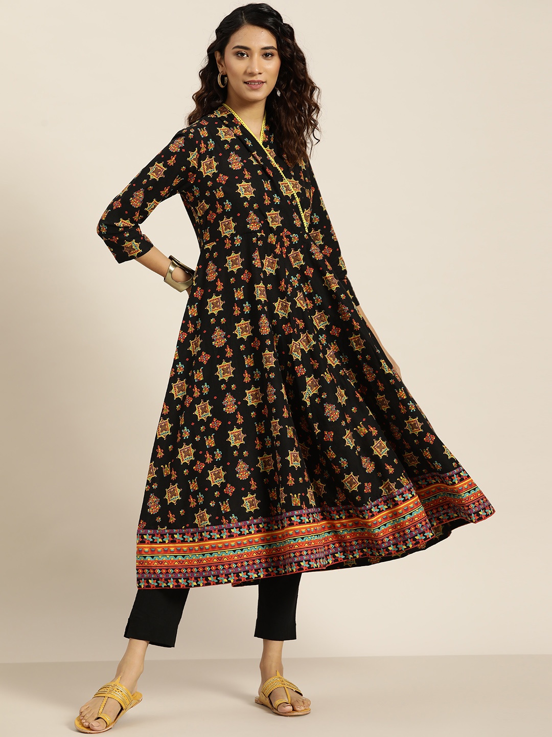 

Sangria Women Black & Yellow Pure Cotton Ethnic Printed Shawl Neck Angrakha Kurta