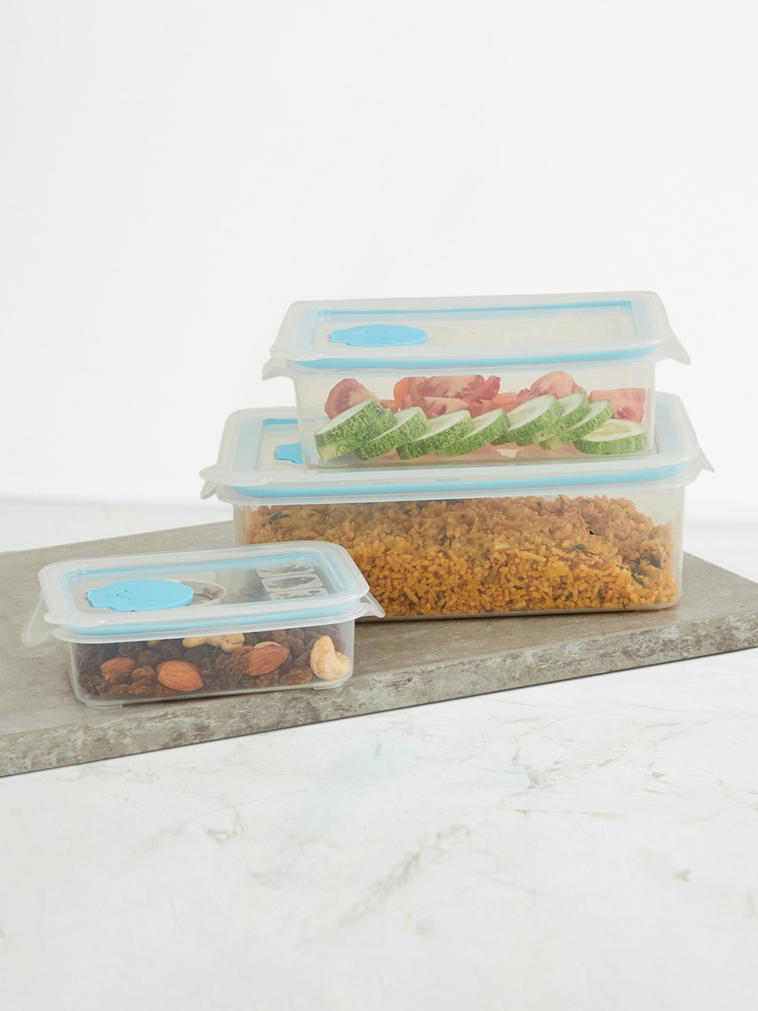 

Home Centre Set Of 3 Transparent & Blue Vacuum Food Storage Containers