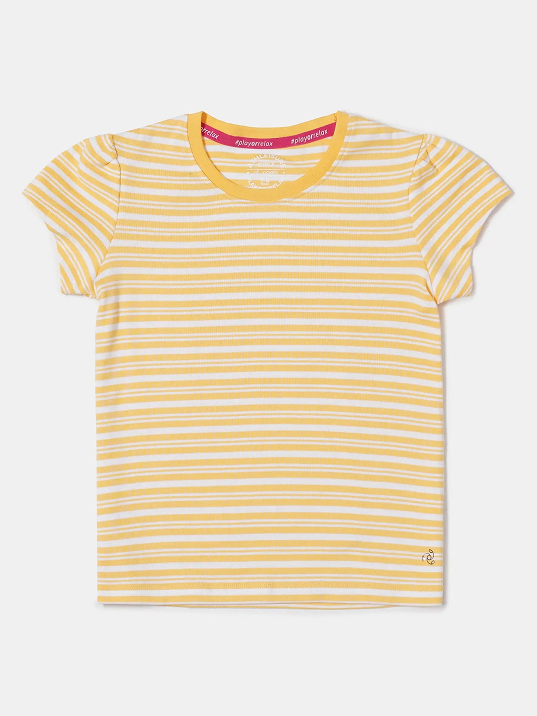 

Jockey Girl's Super Combed Cotton Striped Slim Fit Short Sleeve Round Neck Tshirt-AG03, Yellow