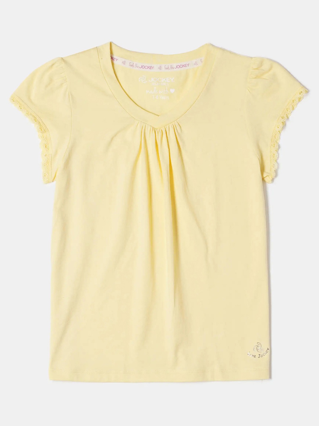 

Jockey Girl's Super Combed Cotton Solid Short Sleeve Relaxed Fit V Neck Tshirt-RG01, Yellow