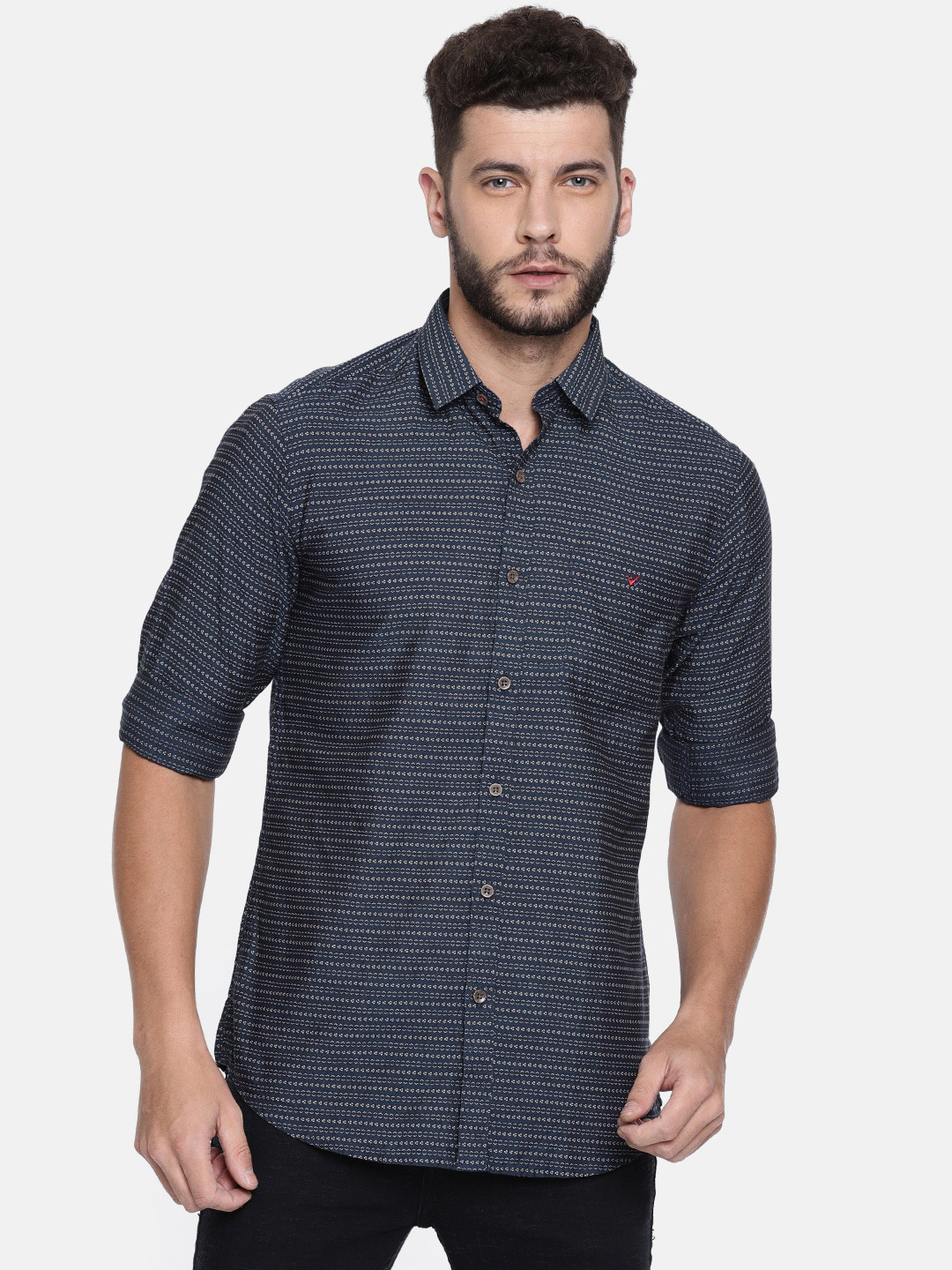 

Wills Lifestyle Men Navy Slim Fit Printed Casual Shirt, Navy blue