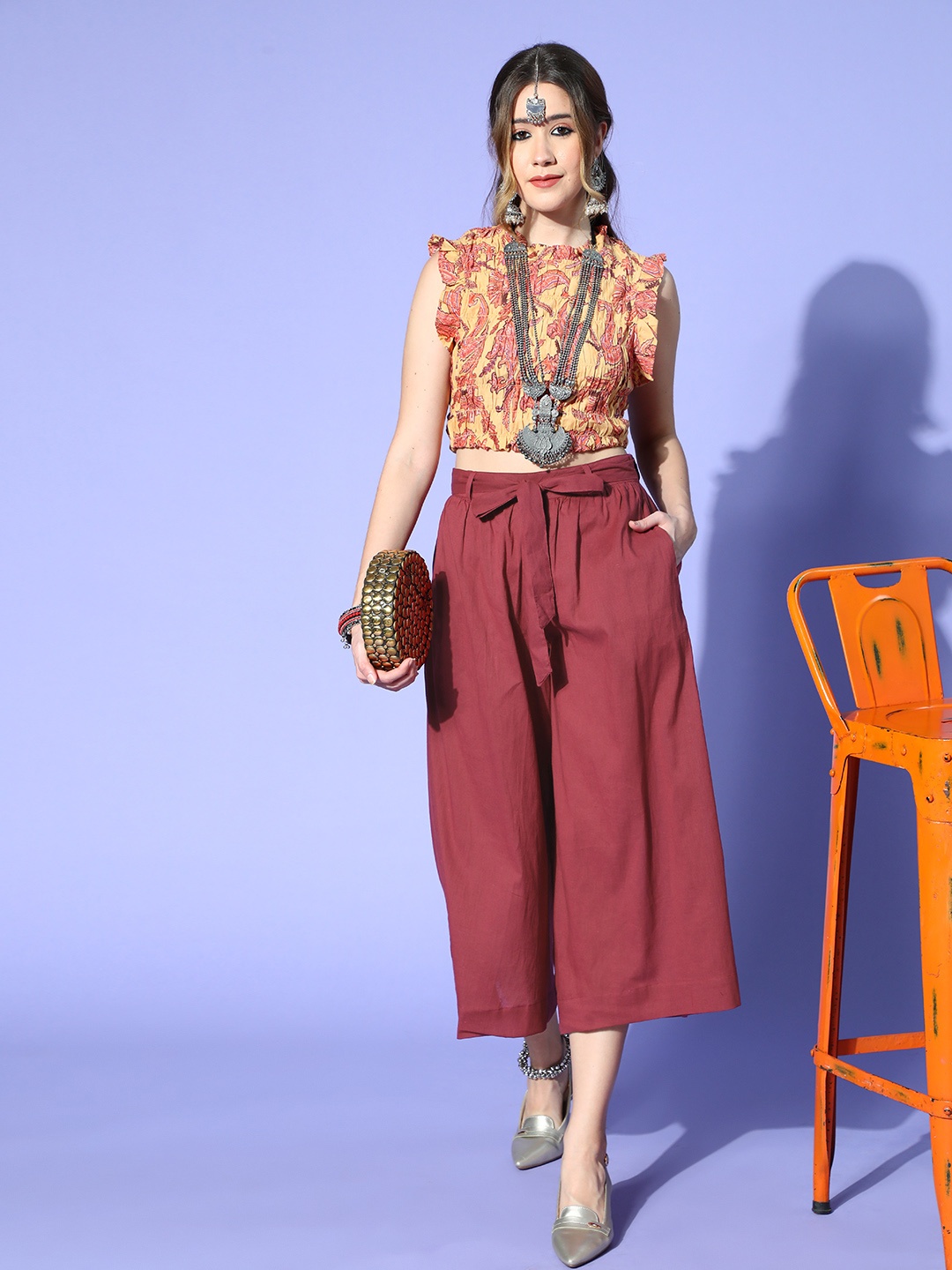 

Sangria Women Maroon Pure Cotton Solid Flared Cropped Palazzos