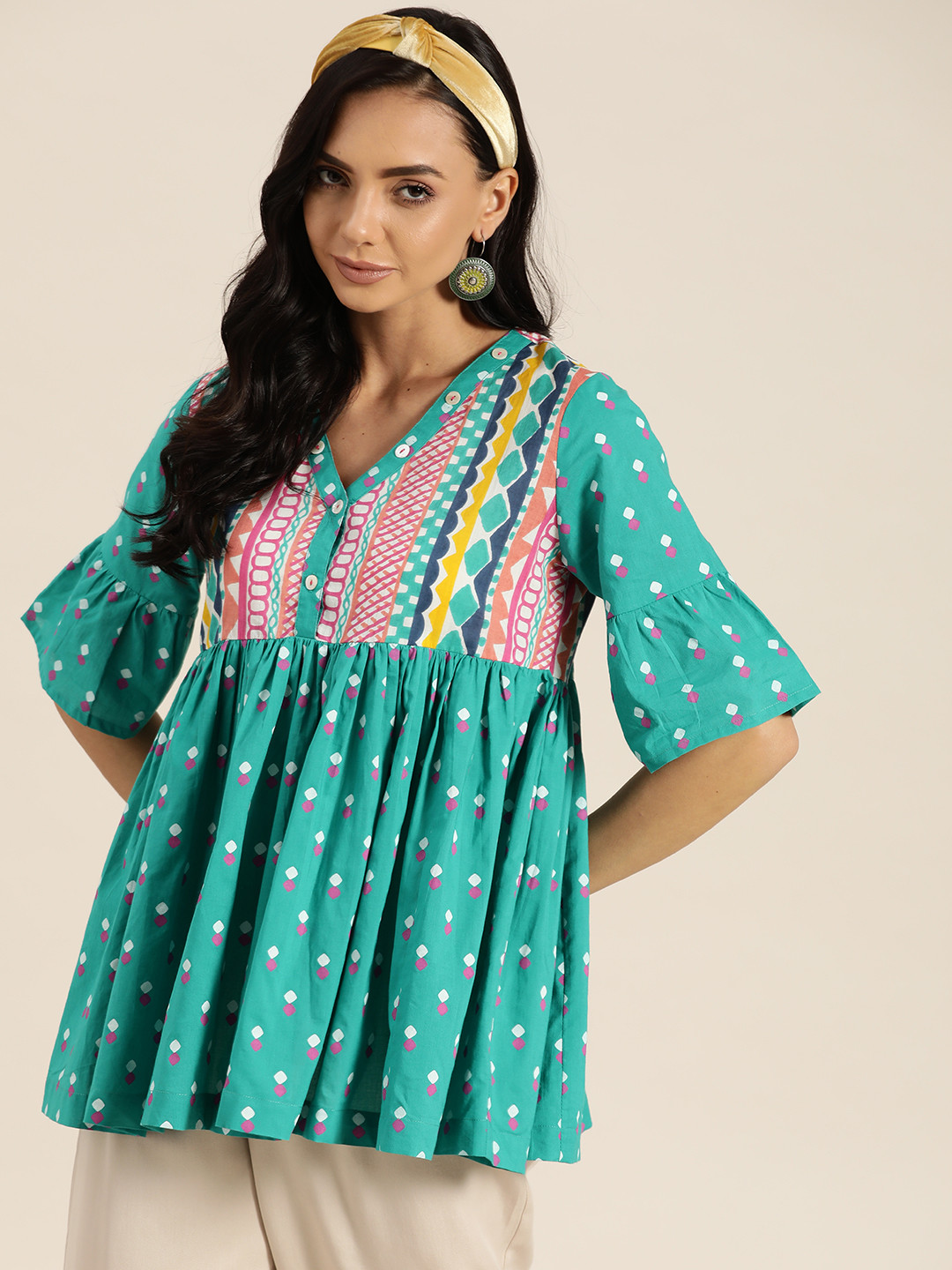 

Sangria Green & White Pure Cotton Printed A-Line Top