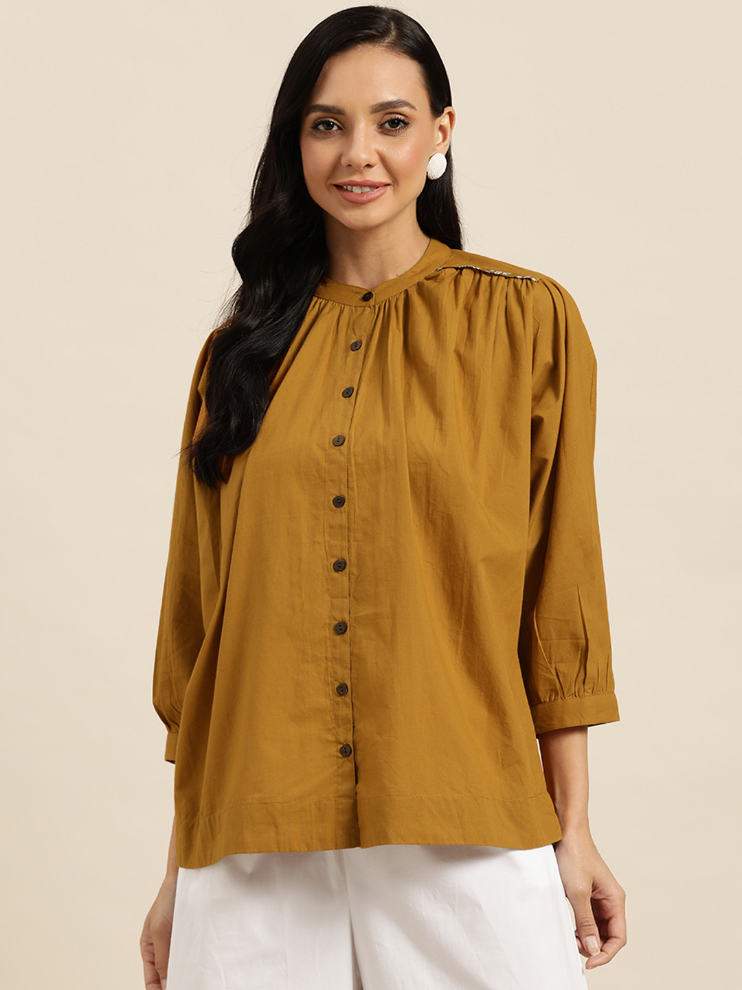 

Sangria Mustard Yellow Cotton Mandarin Collar Shirt Style Top