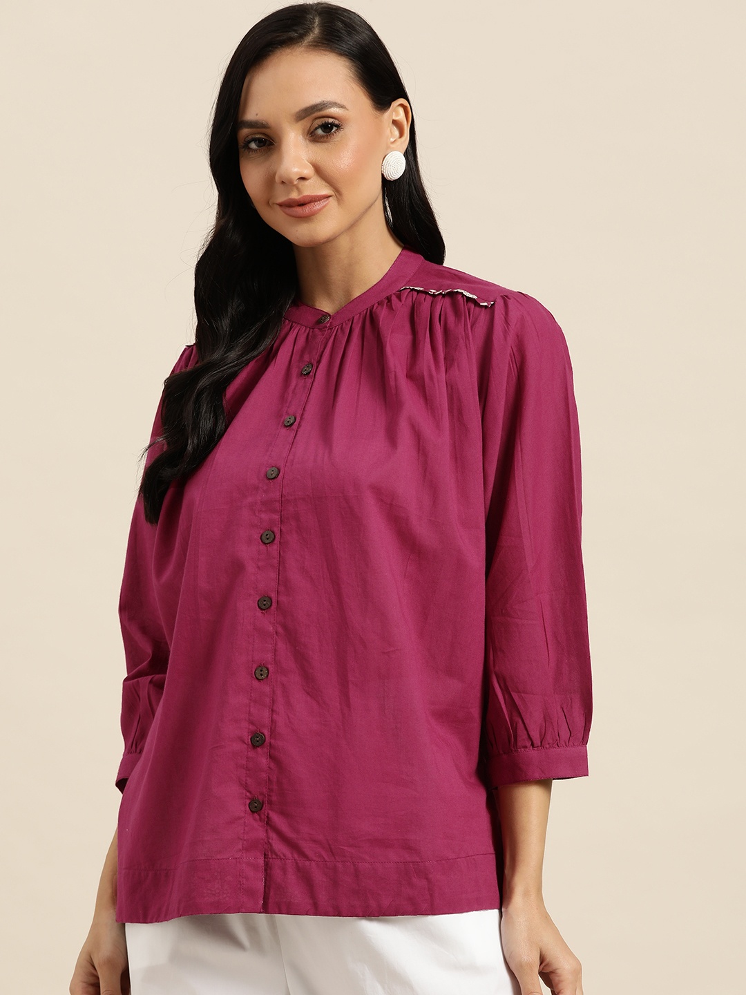 

Sangria Magenta Cotton Mandarin Collar Shirt Style Top