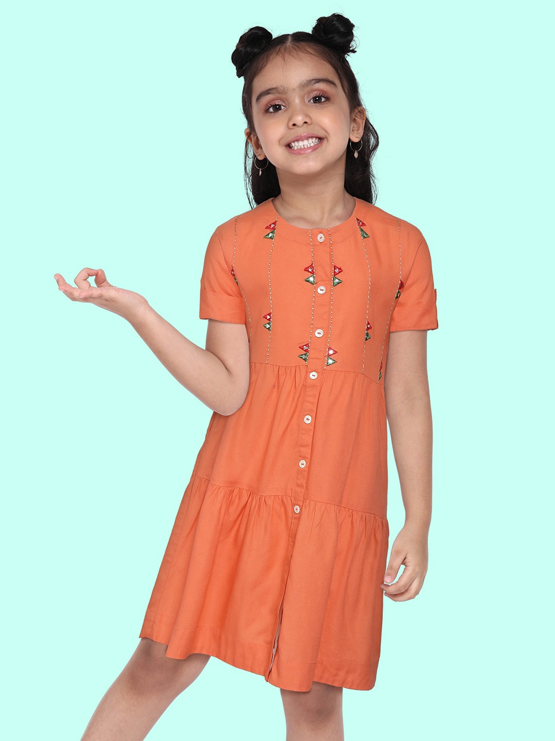 

Sangria Girls Coral Orange Embroidered Tiered Fit & Flare Dress
