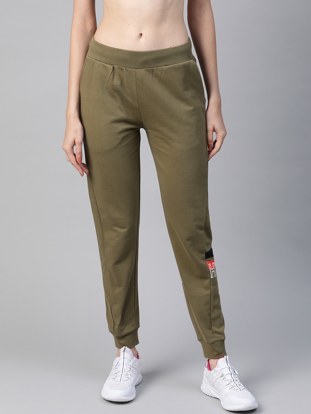 

HRX By Hrithik Roshan Women Brunt Oliva Typographic Slim Fit Rapid-Dry Running Joggers, Olive