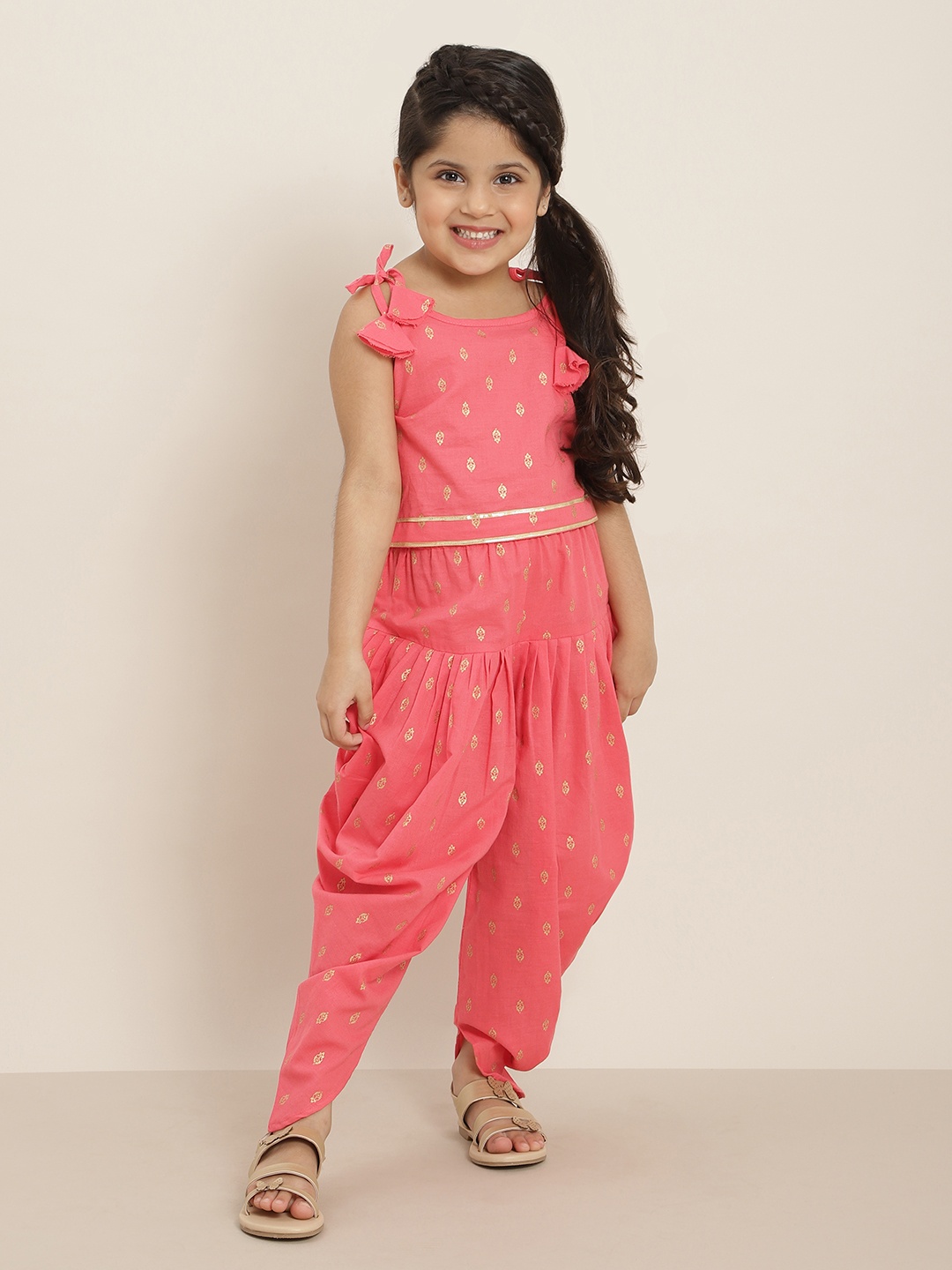 

Sangria Girls Coral Pink & Golden Pure Cotton Ethnic Printed Top With Dhoti Pants
