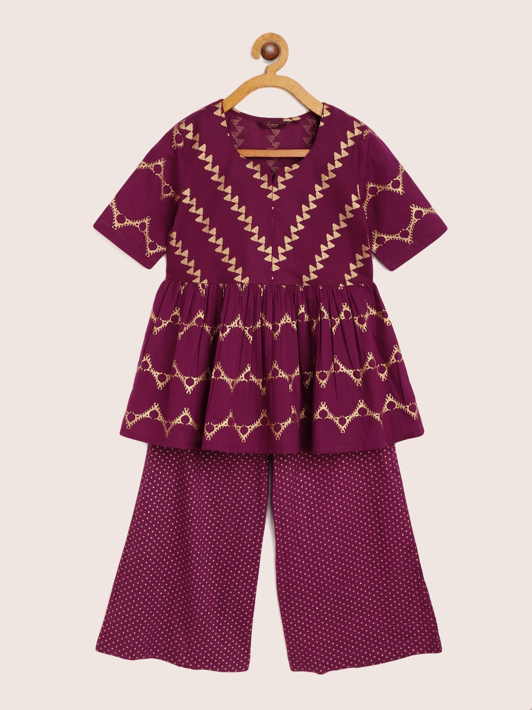 

Sangria Girls Magenta & Gold Ethnic Print Pleated A-Line Cotton Kurti with Palazzos