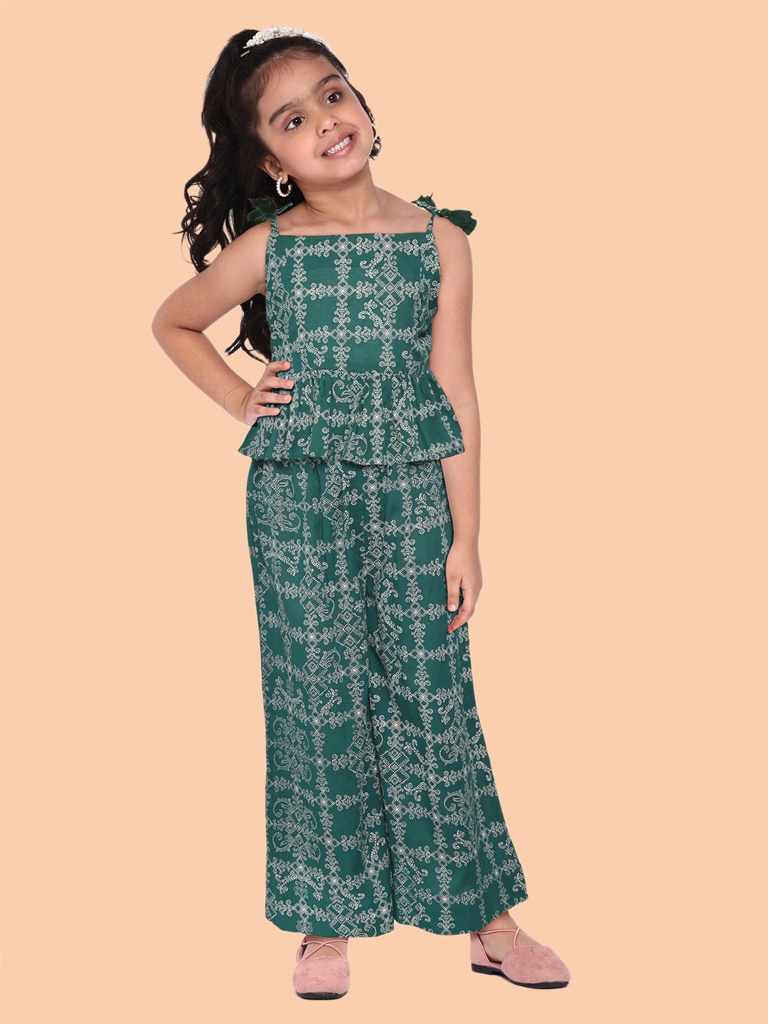 

Sangria Girls Green & White Pure Cotton Printed Top with Trousers