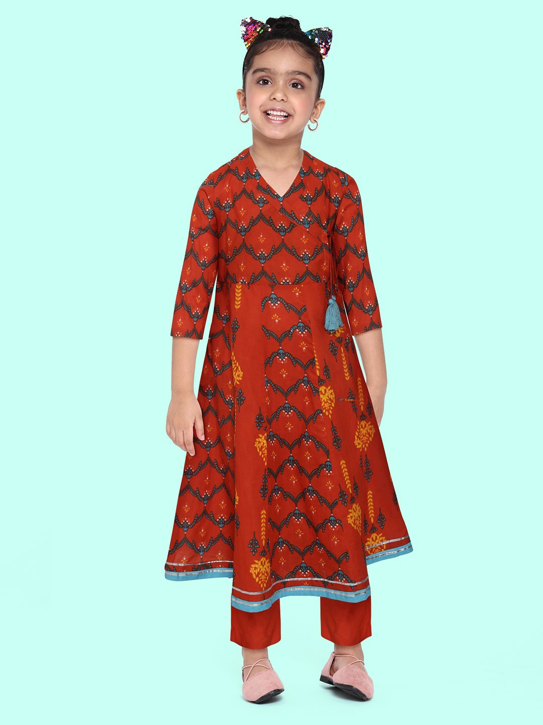 

Sangria Girls Red & Blue Ethnic Motifs Printed Pure Cotton Angrakha Kurta with Trousers