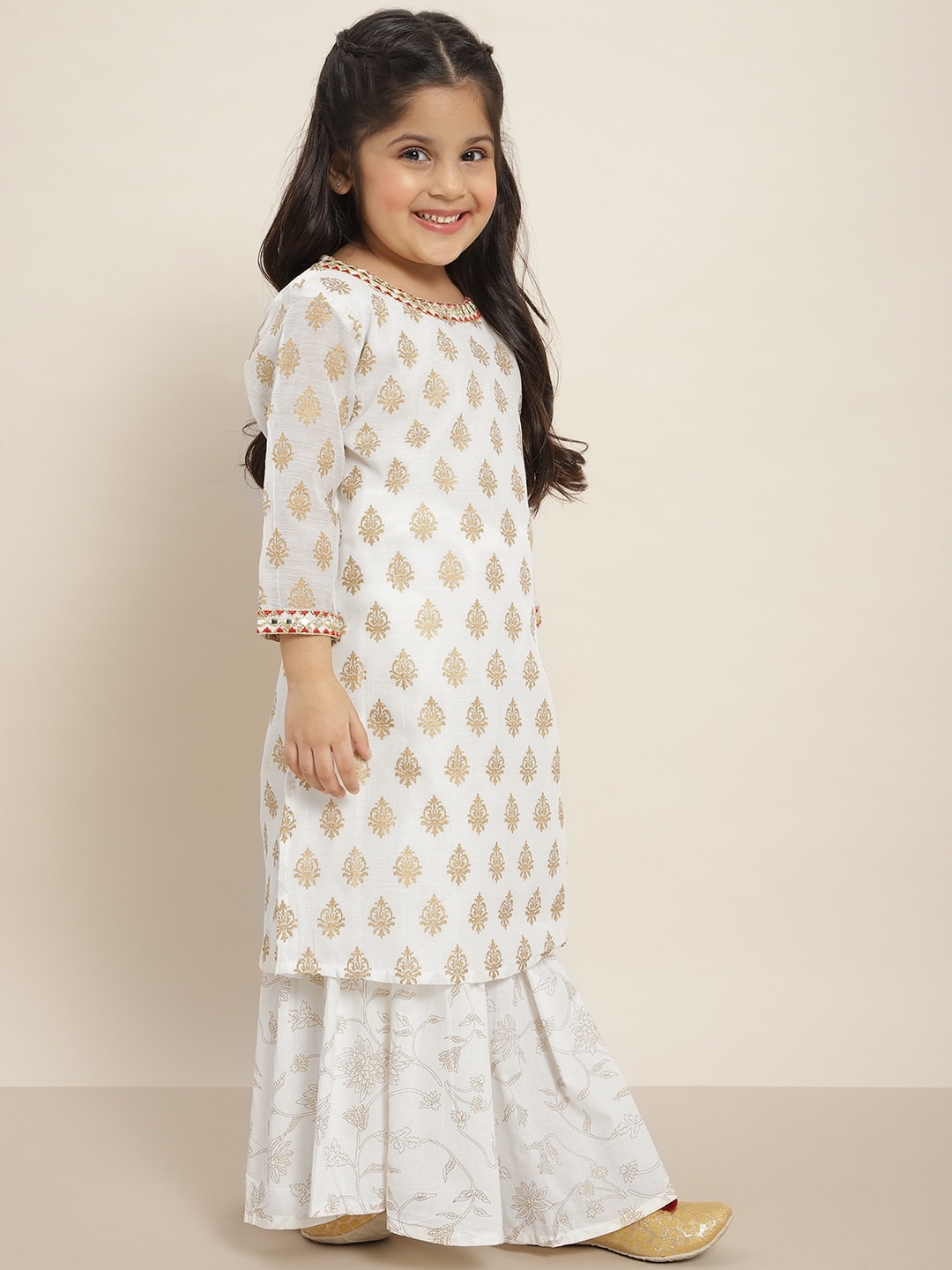 

Sangria Girls Off-White & Golden Ethnic Motifs Foil Print Straight Kurta with Sharara