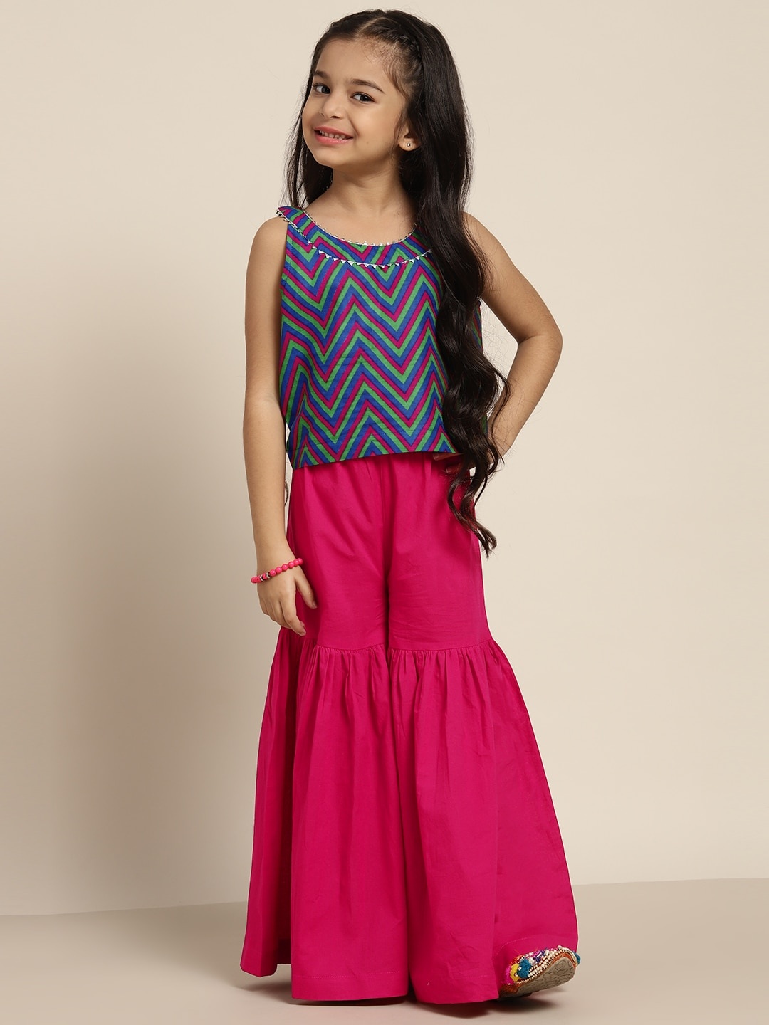 

Sangria Girls Blue & Fuchsia Pink Chevron Print Pure Cotton Top with Sharara