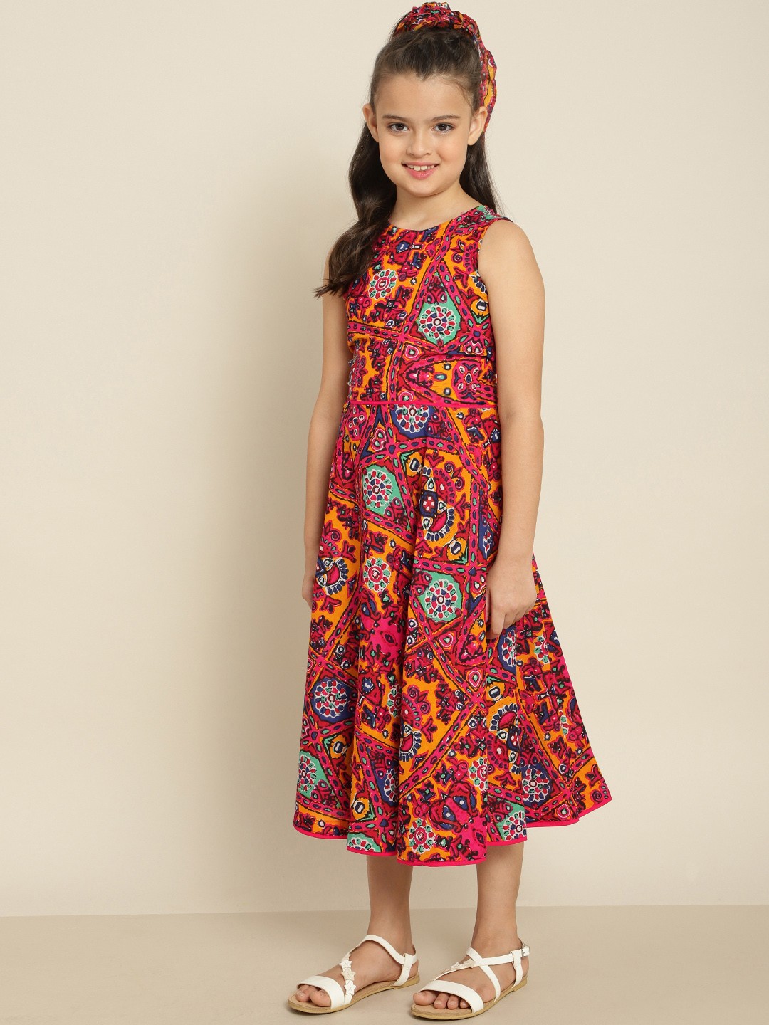 

Sangria Girls Red & Mustard Yellow Pure Cotton Ethnic Print Lehenga Choli