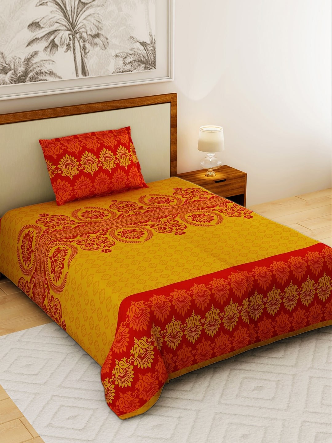 

Salona Bichona Yellow & Red Ethnic Motifs 120 TC Cotton 1 Single Bedsheet with 1 Pillow Covers