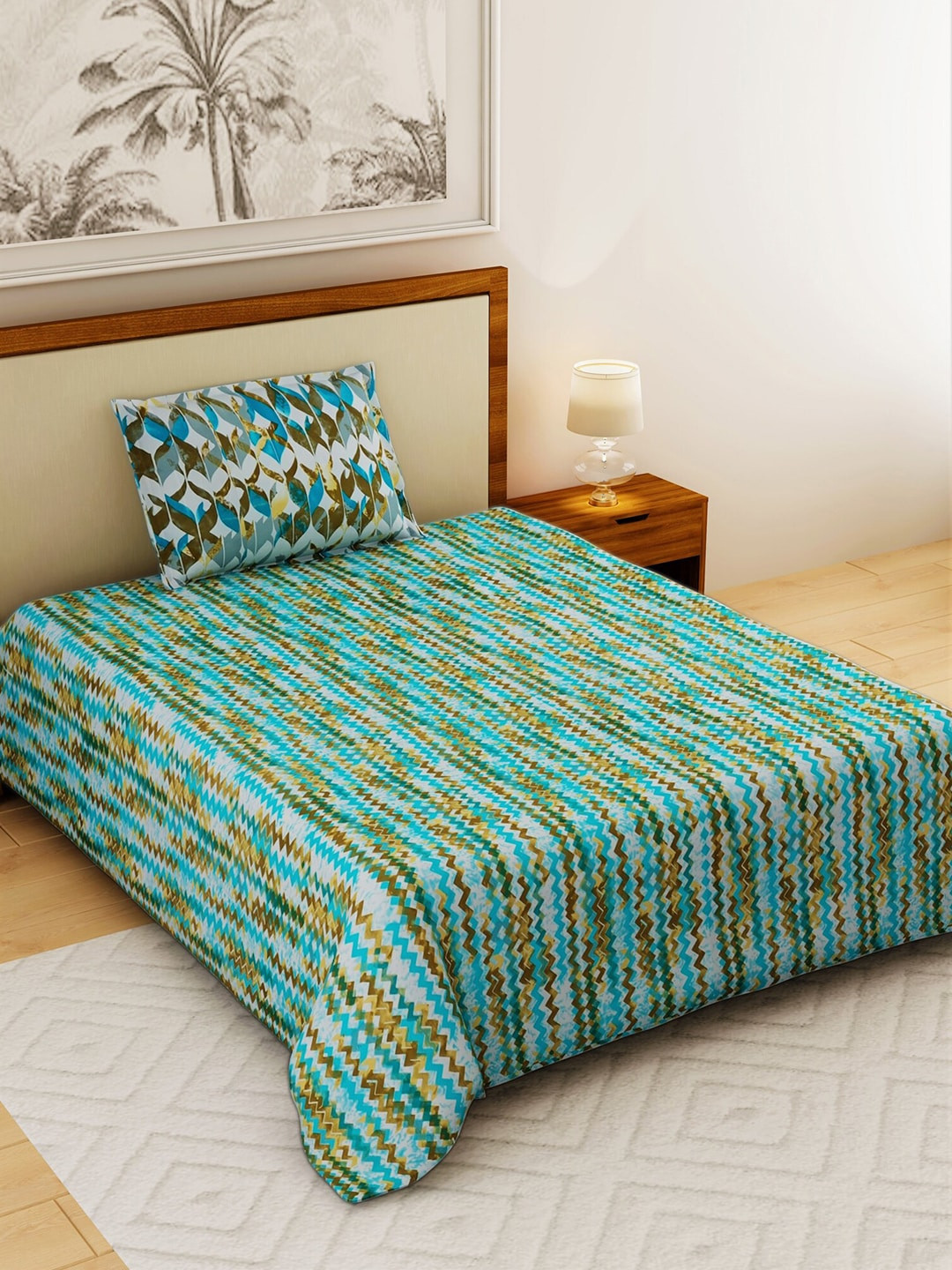 

Salona Bichona Green & Blue Abstract 104 TC Cotton 1 Single Bedsheet with 1 Pillow Covers