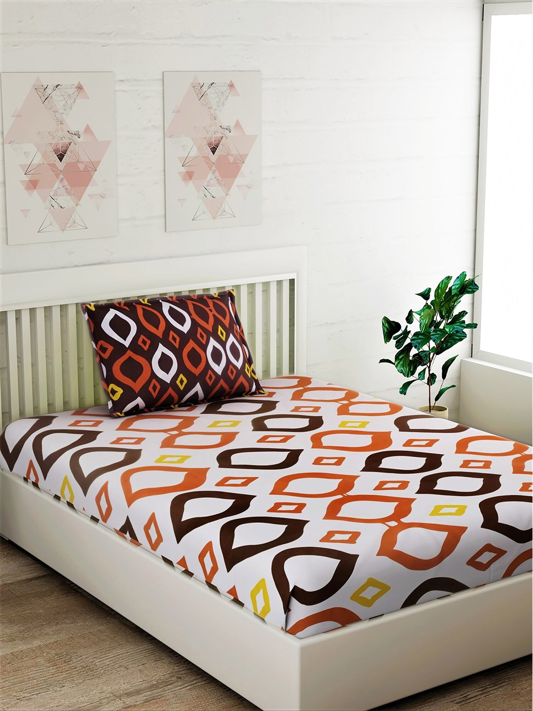 

Salona Bichona White & Brown Geometric 144 TC Cotton 1 Single Bedsheet with 1 Pillow Covers