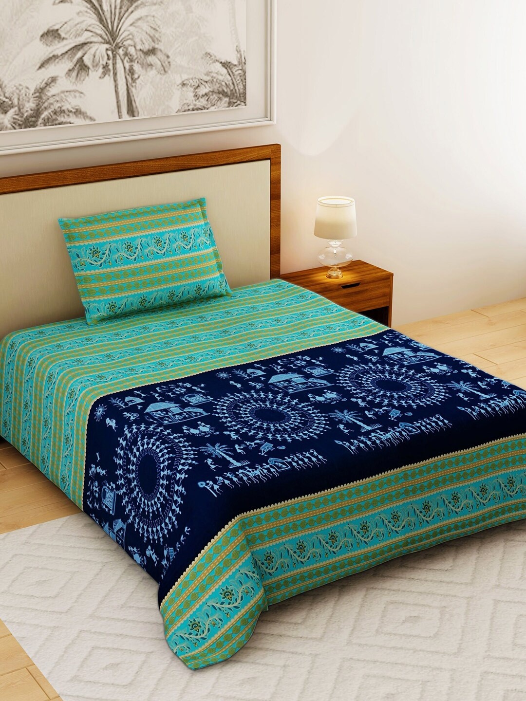 

Salona Bichona Green & Navy Blue Ethnic Motifs 120 TC Cotton 1 Single Bedsheet with 1 Pillow Covers