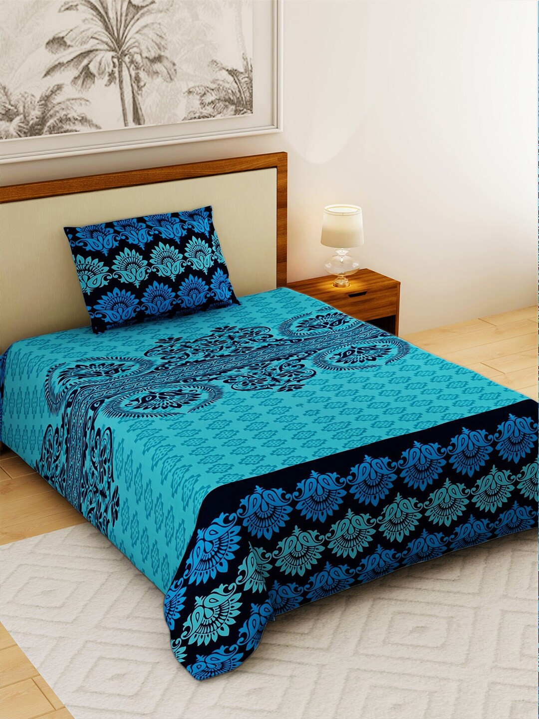 

Salona Bichona Turquoise Blue & Black Ethnic Motifs 120 TC Cotton 1 Single Bedsheet with 1 Pillow Covers