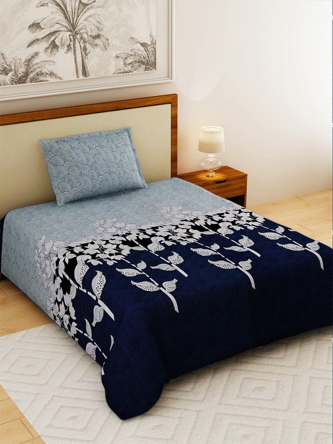 

Salona Bichona Navy Blue & Grey Floral 120 TC Cotton 1 Single Bedsheet with 1 Pillow Covers