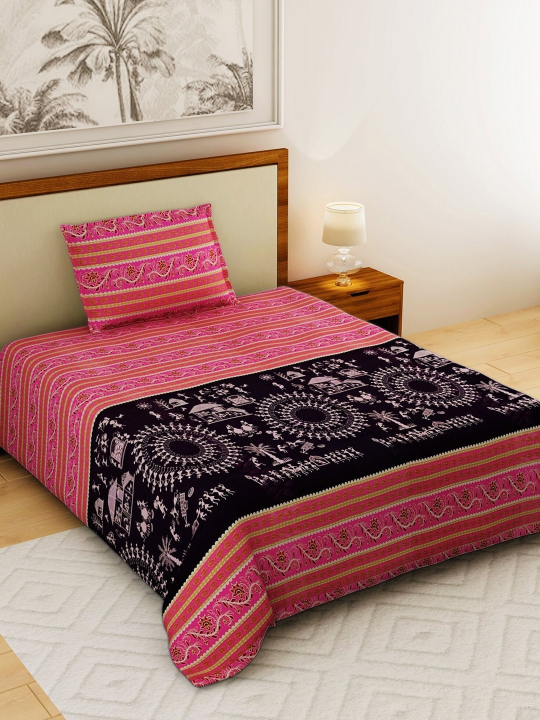 

Salona Bichona Magenta & Black Ethnic Motifs 120 TC Cotton 1 Single Bedsheet with 1 Pillow Covers