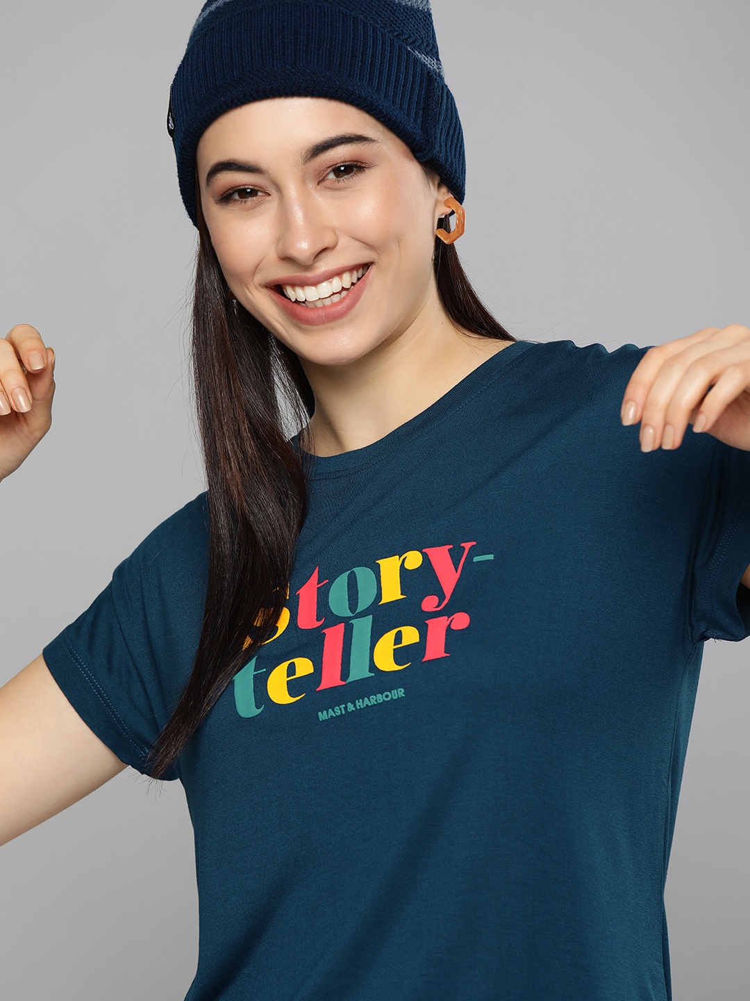 

Mast & Harbour Women Teal Blue Printed Relaxed Fit Drop-Shoulder Sleeves T-shirt