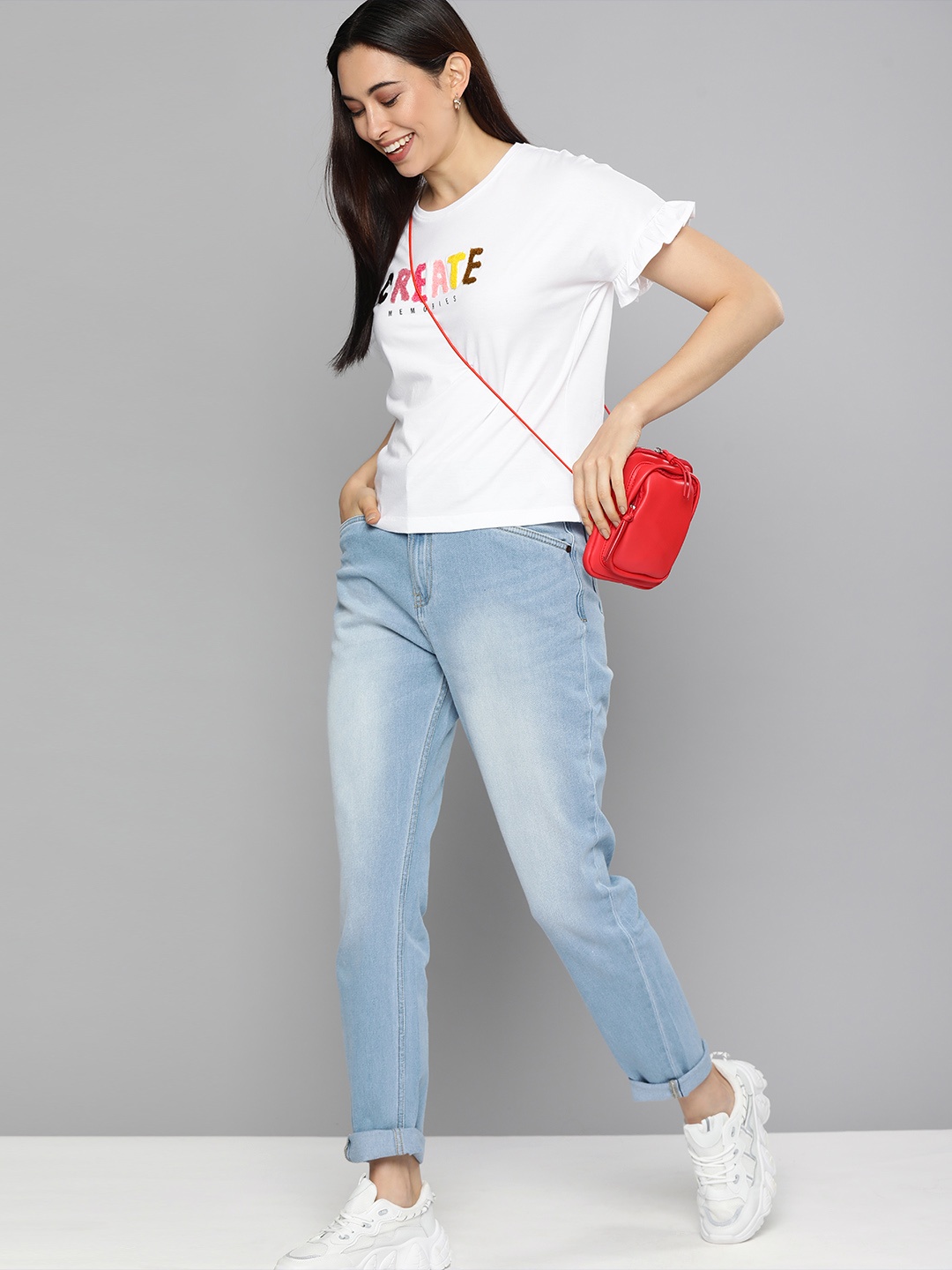 

Mast Harbour Women White Embroidered Pure Cotton Crop Pure Cotton T-shirt