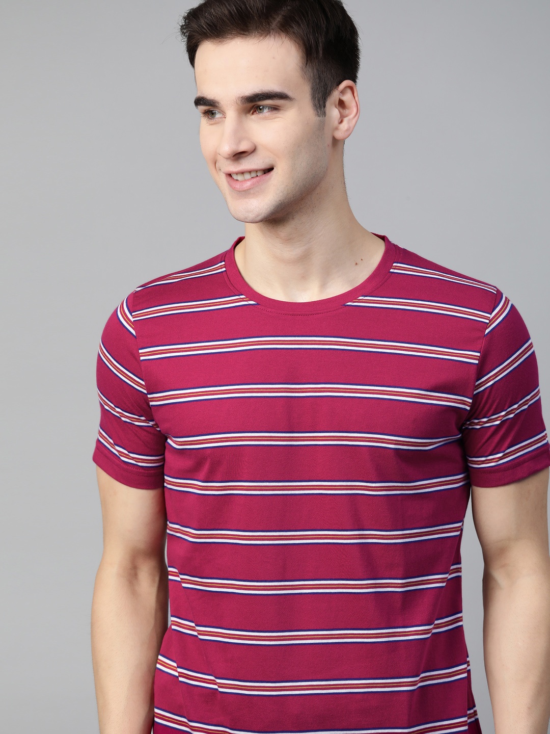 

Mast & Harbour Men Magenta & White Striped T-shirt