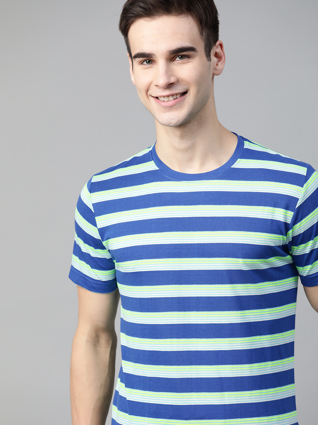 

Mast & Harbour Men Blue & Fluorescent Green Striped T-shirt