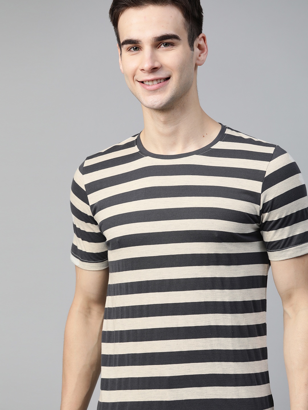 

Mast & Harbour Men Charcoal & Off White Striped T-shirt