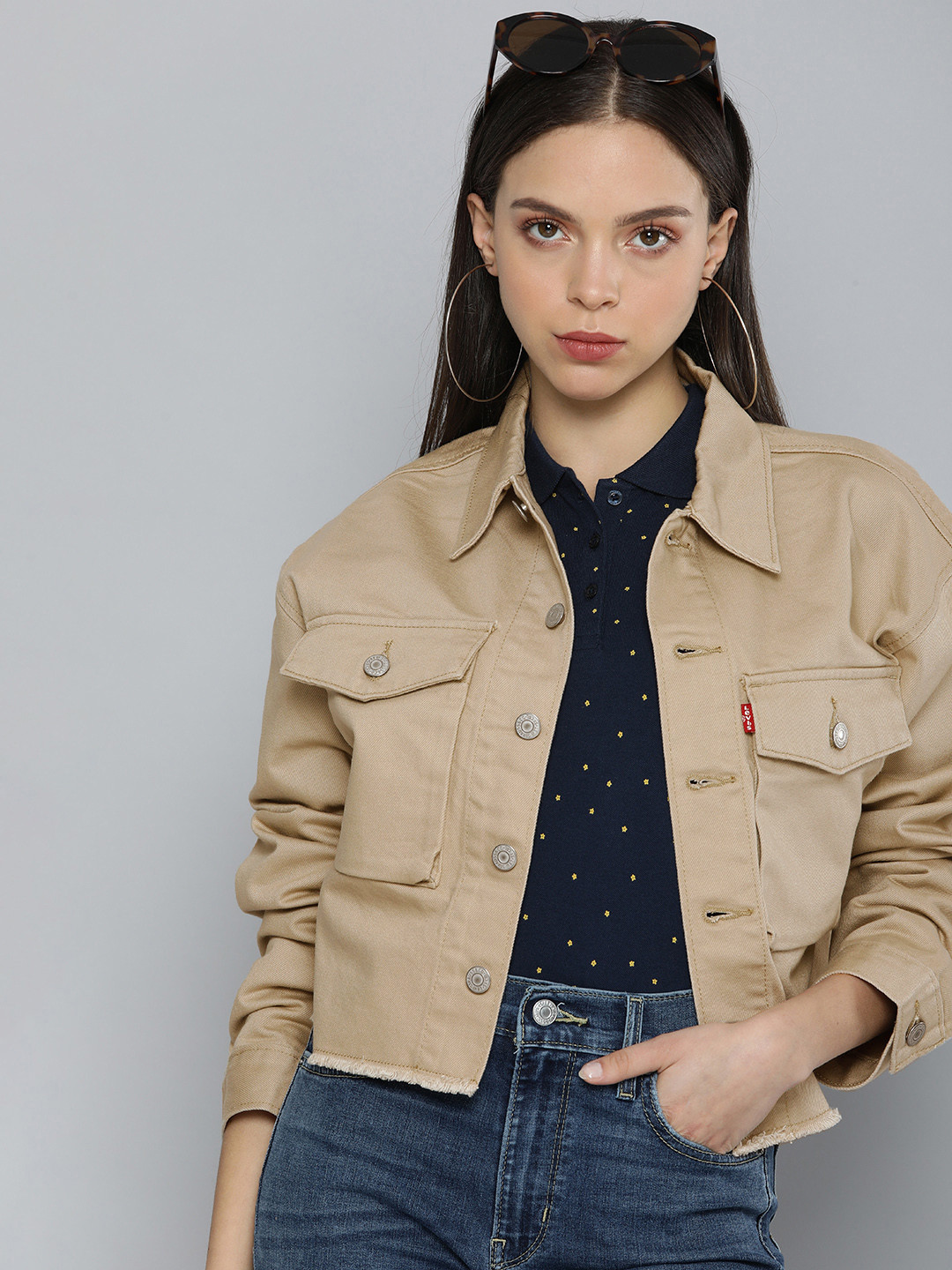 

Levis Women Beige Solid Crop Denim Jacket