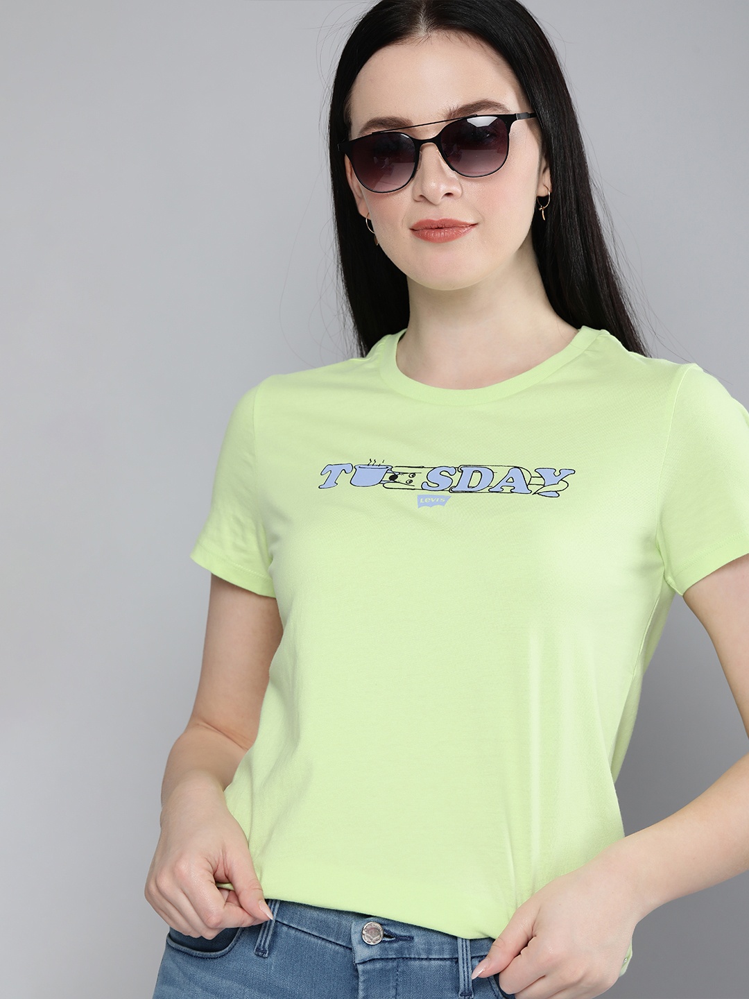 

Levis Women Scoop Neck Green Typography Printed Sustainable Pure Cotton T-shirt
