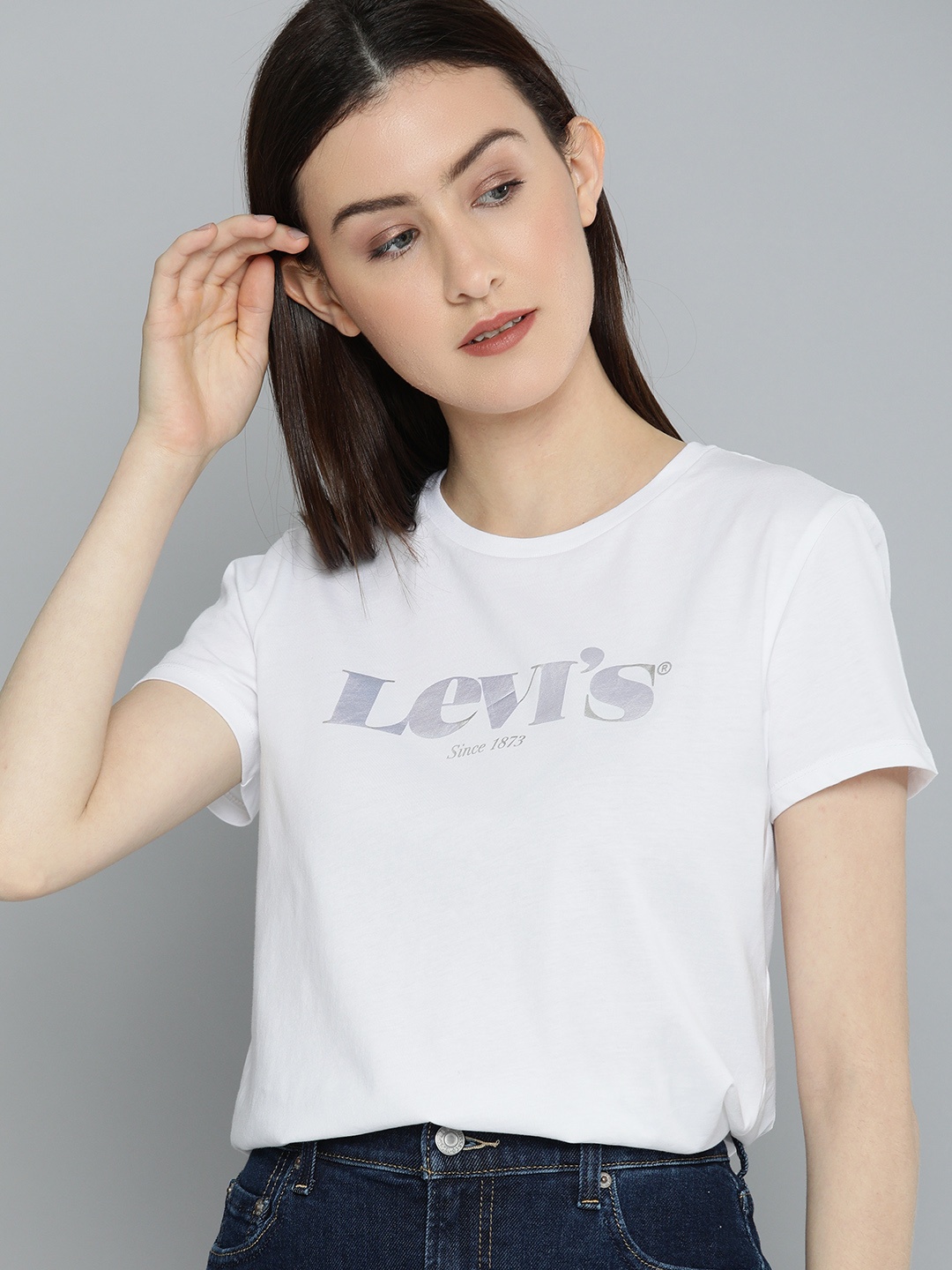 

Levis Women White Brand Logo Printed Pure Cotton T-shirt