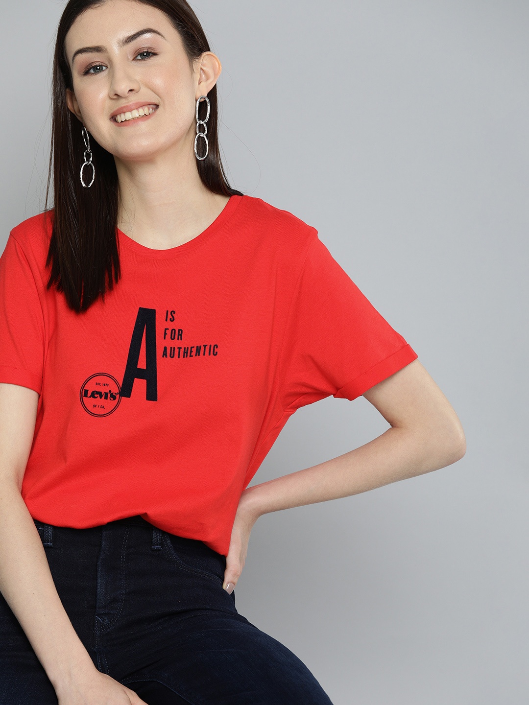 

Levis Women Red Typography Printed Pure Cotton T-shirt