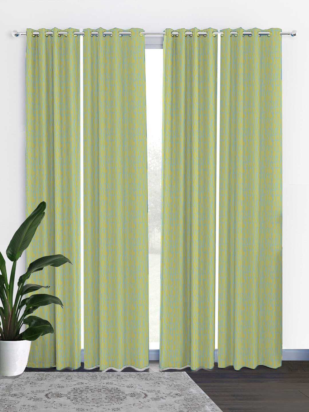 

HOUZZCODE Sea Green & Mustard Set of 4 Curtains