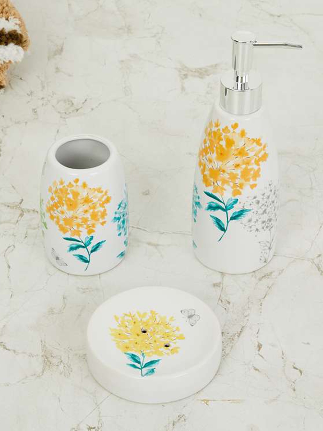 

Home Centre Set Of 3 White & Turquoise Blue Printed Ceramic Bathroom Accessories