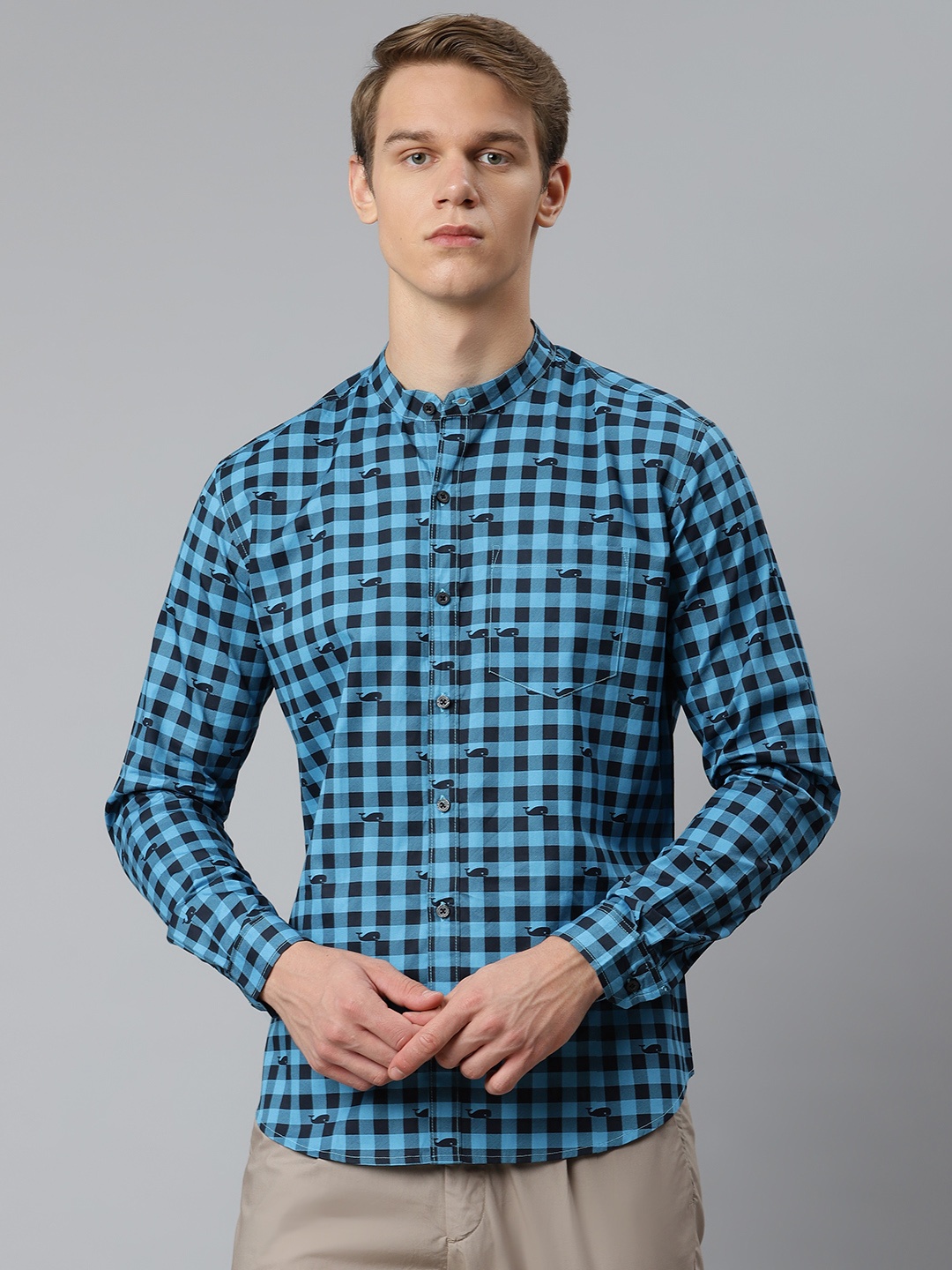 

Hubberholme Men Blue & Black Pure Cotton Gingham Checks Casual Shirt