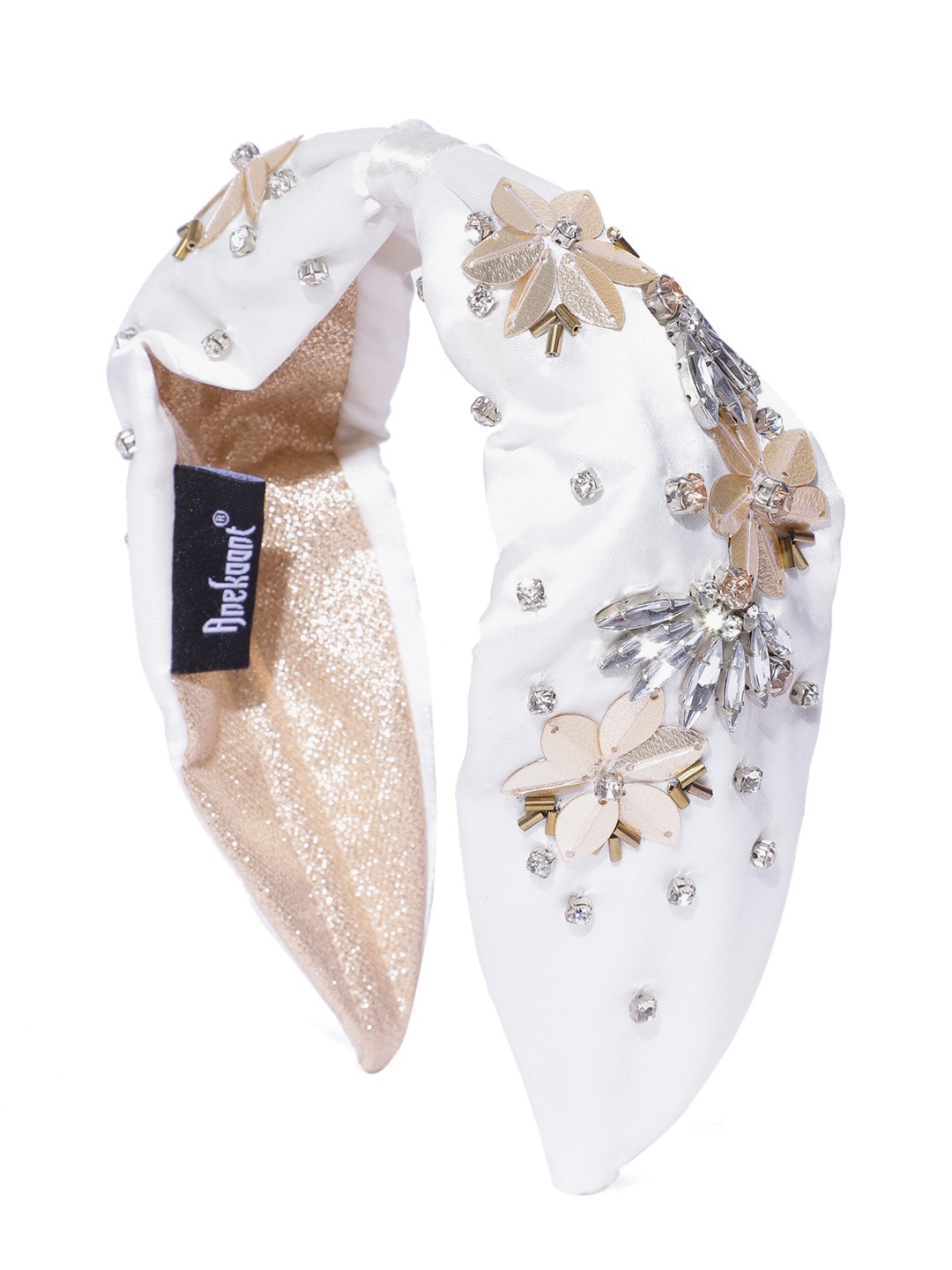 

Anekaant Women White & Gold-Toned Floral Embellished Satin Hairband