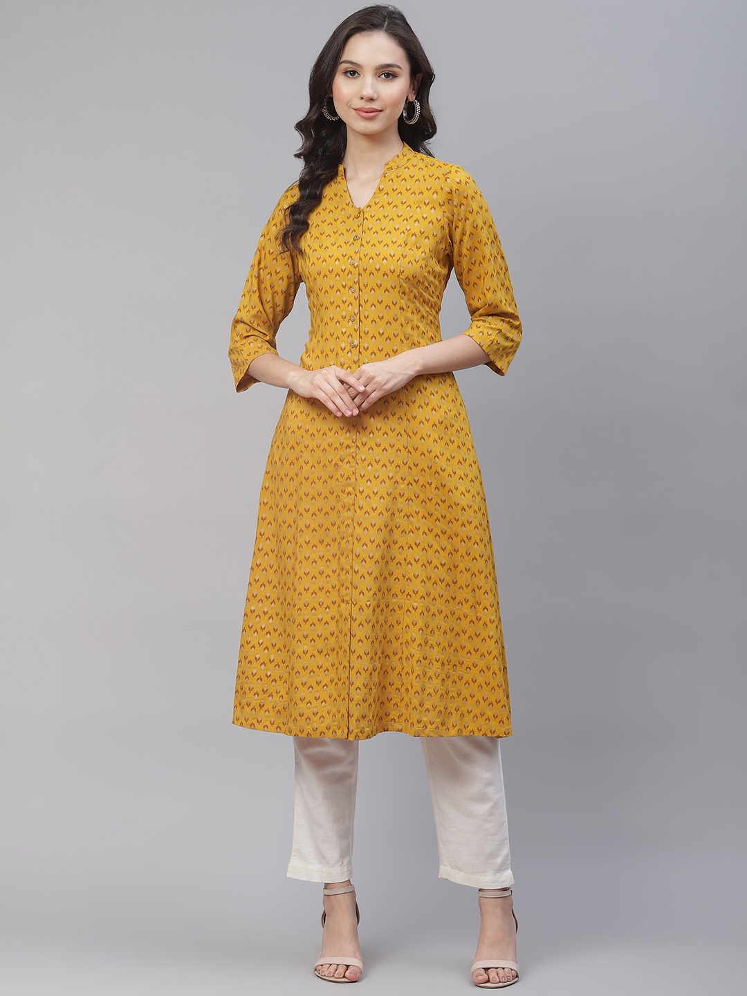 

Ayaany Women Yellow & White Ethnic Motifs Printed Kurta