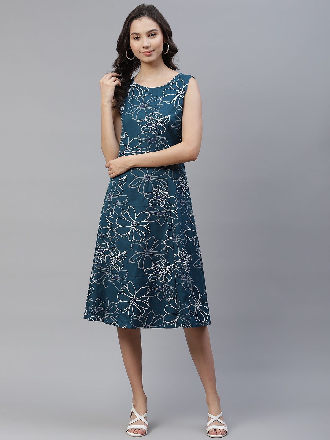

Ayaany Blue & Grey Floral A-Line Midi Dress