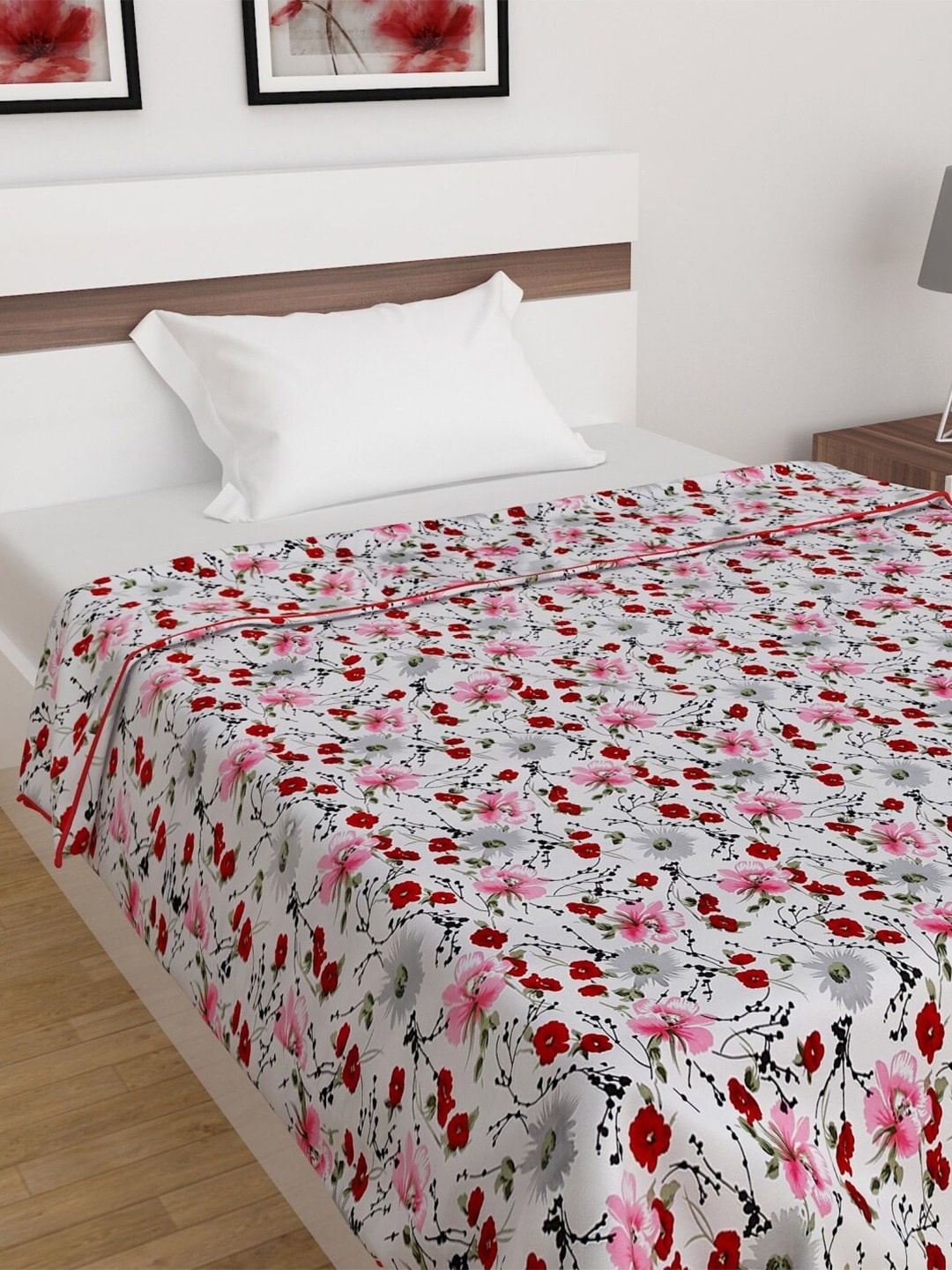 

Home Centre White & Pink Floral AC Room 150 GSM Single Bed Dohar