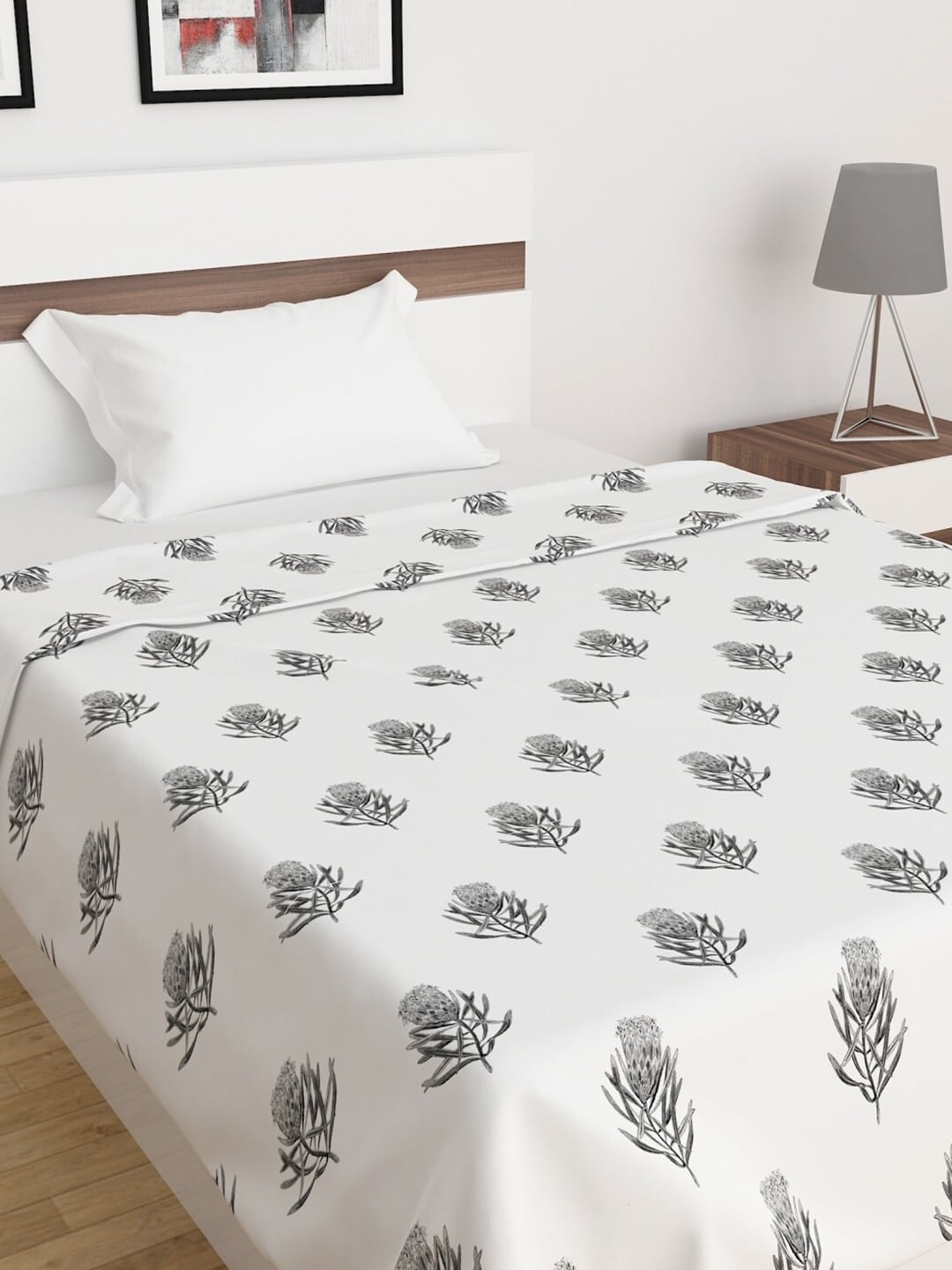 

Home Centre White & Grey Floral AC Room 260 GSM Single Bed Dohar