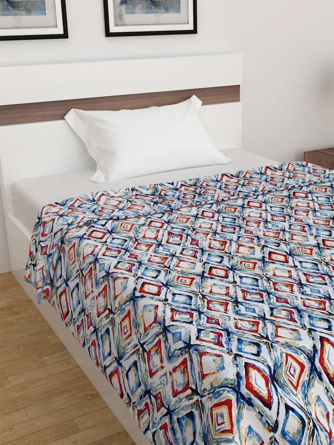 

Home Centre Blue & White Geometric AC Room 110 GSM Single Bed Dohar