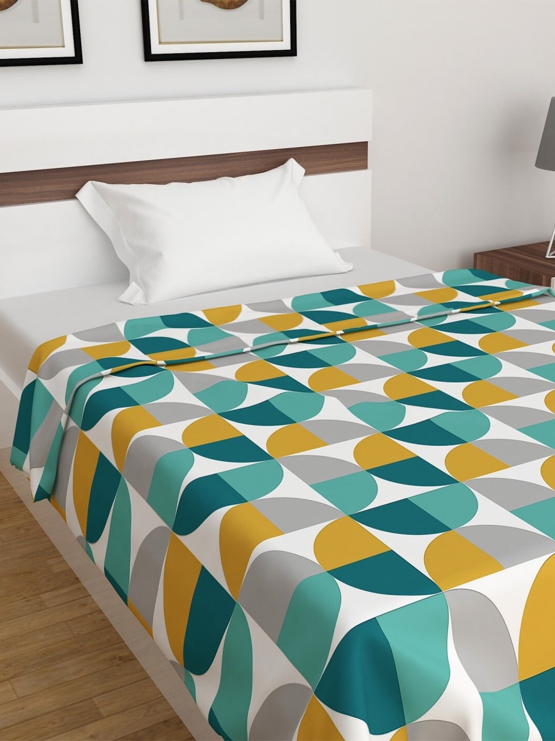 

Home Centre White & Blue Geometric AC Room 210 GSM Single Bed Blanket