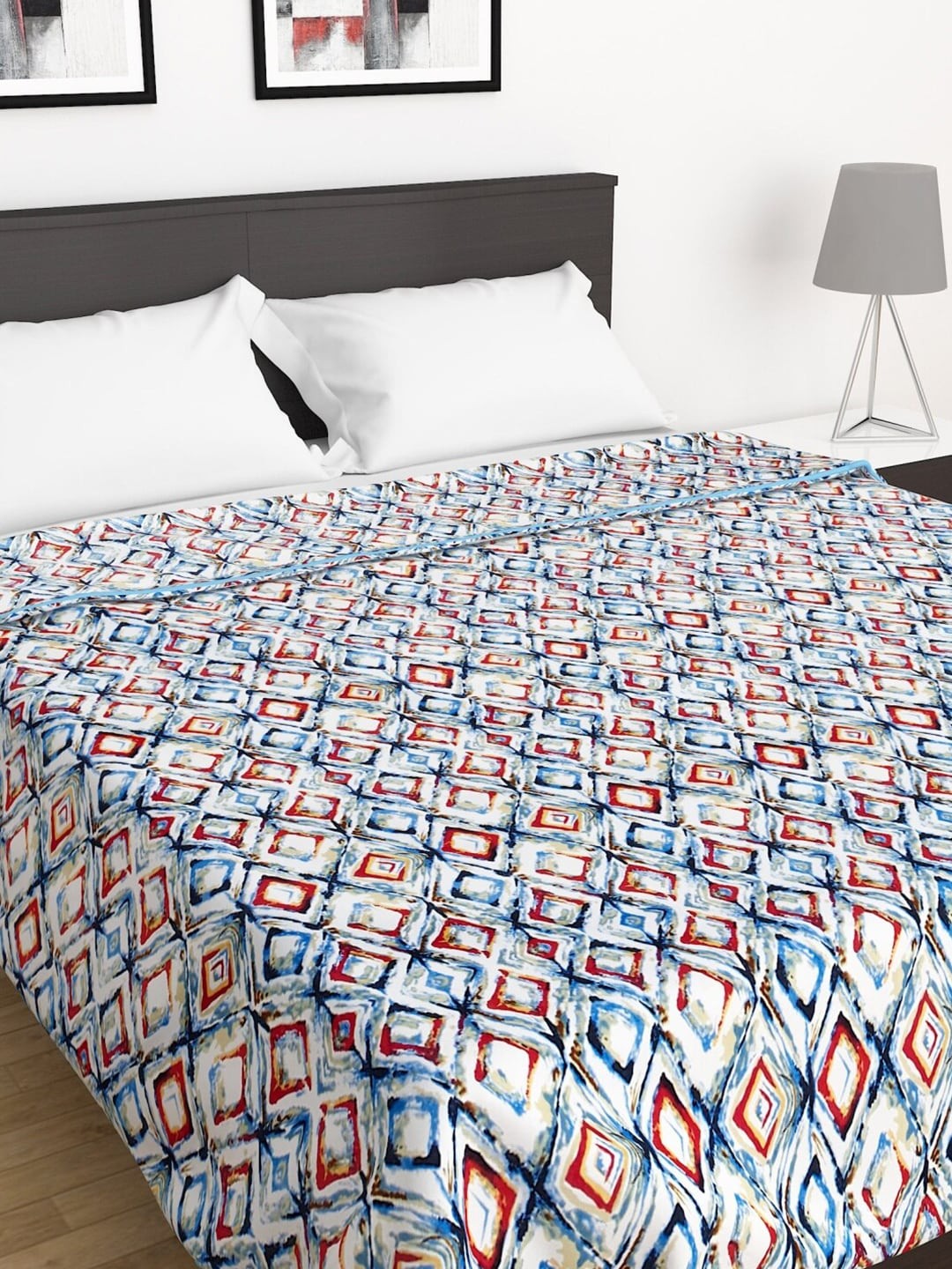 

Home Centre White & Blue Geometric AC Room 210 GSM Double Bed Dohar