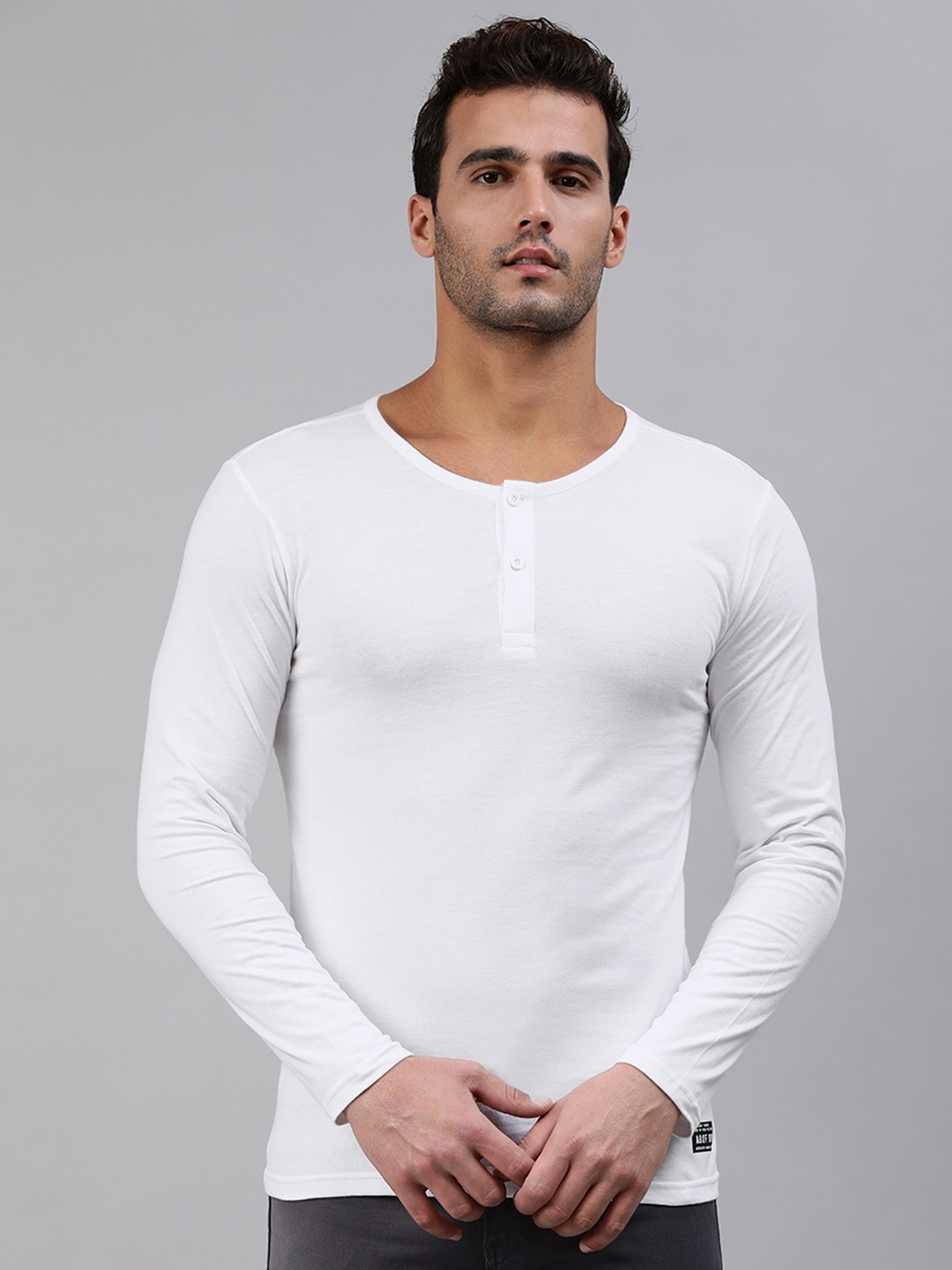 

abof Men White Henley Neck Slim Fit Pure Cotton T-shirt