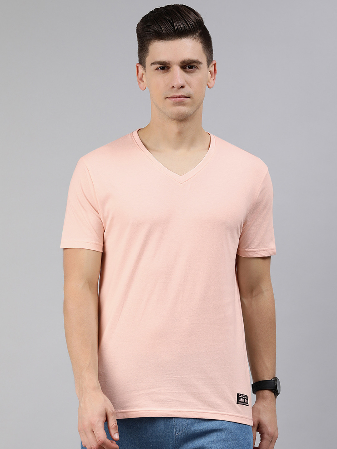 

abof Men Light Pink V-Neck Pure Cotton T-shirt