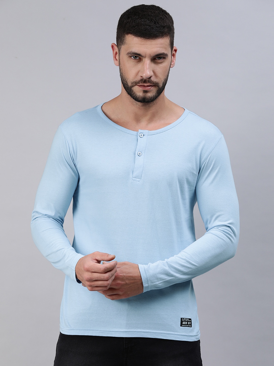

abof Men Blue Solid Long Sleeves Pure Cotton T-shirt